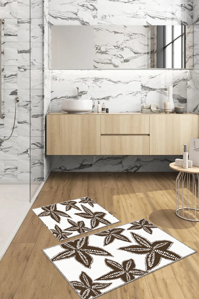 Napoli Home Set scaun de toaletă cu covoraș de baie anti-alunecare, imprimat digital, lavabil, STELE DE MARE, WC-71-BROWN,