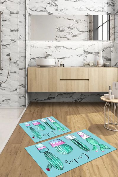 Napoli Home Digital Printed Washable Non-Slip Cactus Model Bath Mat Toilet Set, Toilet-76-Turquoise,