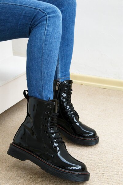 ShoeTek Arianna Kadın Bot Fermuarlı Siyah Rugan