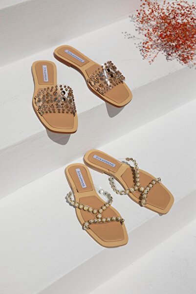 STRASWANS Nathaly Women's Pearl Stone Detail Daily Slippers Tan