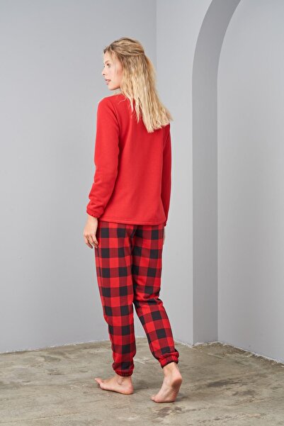 PJS 24580 Kırmızı Iki Iplik Ekose Kadın Pijama Takımı