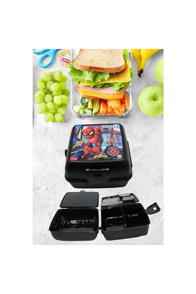 Piev Black Lunch Box with Spiderman Pattern - 2 Compartments, Lock and Fork Spoon