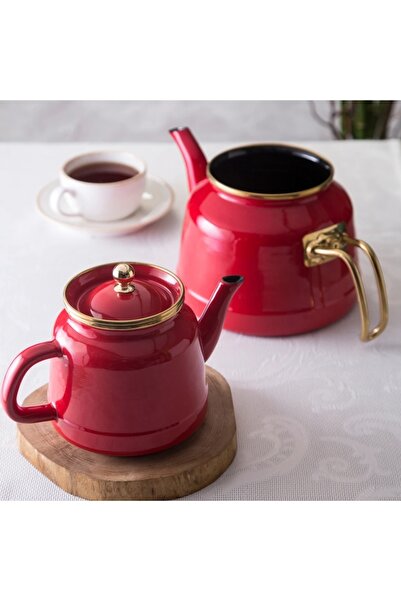 AHİR TİCARET Red Enamel Luxury Induction Base Teapot Set, Stylish and Durable Design