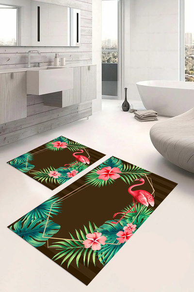 Napoli Home Digital Printed Washable Colorful Flamingo Patterned Bath Mat Toilet Set, Toilet-67-Brown,