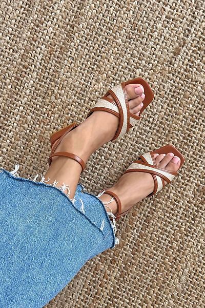 STRASWANS Viana Tan Women's Heeled Sandals - Straw Detailed