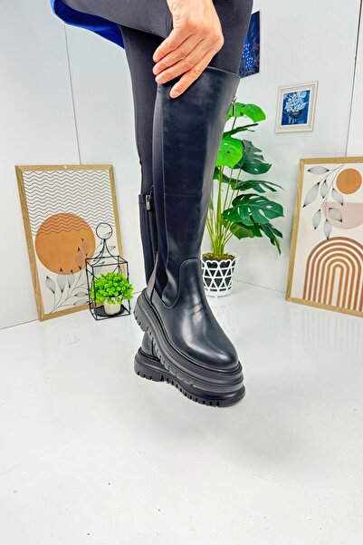 Nstil Μαύρες γυναικείες μπότες - Χοντρή οδοντωτή σόλα, ύφασμα κατάδυσης, ελαστικό κάτω από το γόνατο, οβάλ μύτη με φερμουάρ, μοντέλα 365