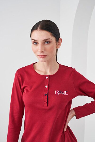 PJS 24540 Bordo Pamuklu Uzun Kollu Kadın Pijama Takımı