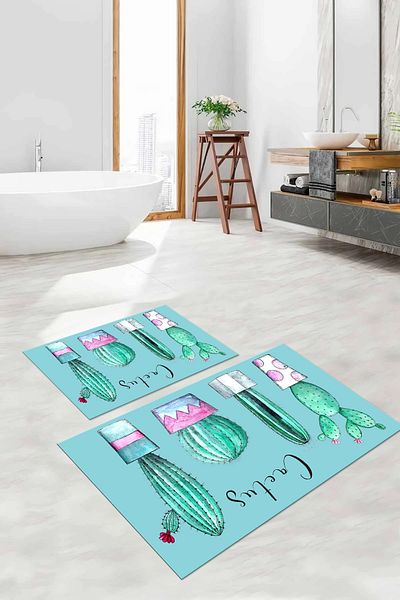 Napoli Home Digital Printed Washable Non-Slip Cactus Model Bath Mat Toilet Set, Toilet-76-Turquoise,