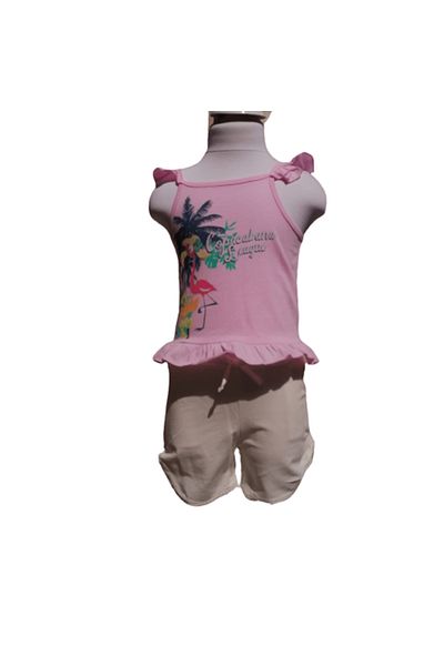 Çikoby Girls' Double Suit – Flamingo Printed Pink Suspender T-Shirt and Ruched Shorts with Pockets