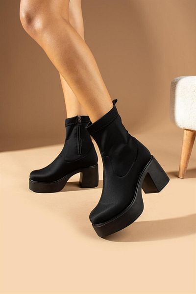 ShoeTek Nadine Γυναικείες Μπότες & Μποτάκια Πλατφόρμα με φερμουάρ Μαύρη Stretch Σατέν