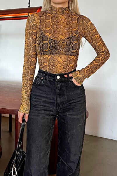 Swist Bluză de damă transparentă din tul cu mânecă lungă cu model șarpe galben