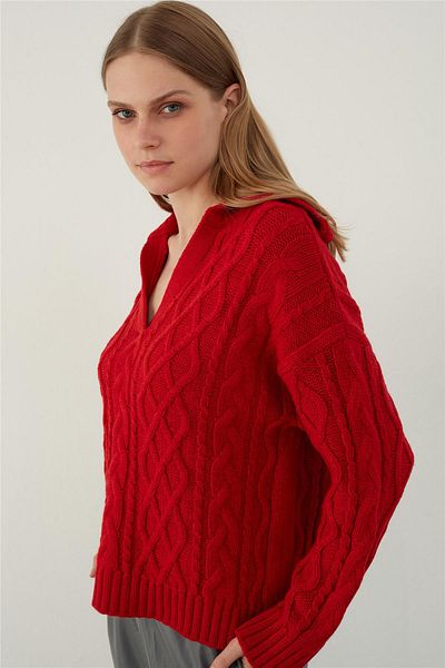 SHERIN Pulover tricot împletit cu gât polo roșu