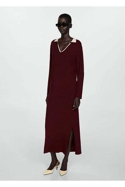 MANGO Woman Πλεκτό φόρεμα με γιακά αντίθεσης