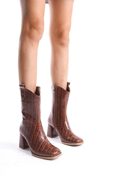 Bak Store Thick Heeled Tan Crocodile Cowboy Style Blunt Toe Women's Boots - Half Boots