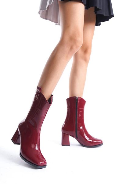 Bak Store Burgundy Thick Heeled Cowboy Style Women's Boots - Blunt Toe Half Boots