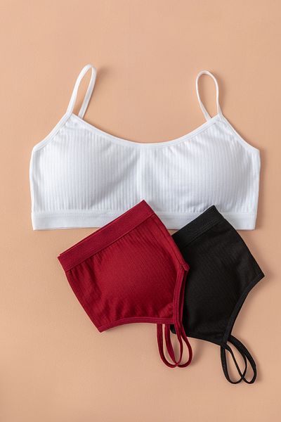 ld lidya underwear Women's Black White Claret Red 3-Piece Ribbed Rope Strap Half Tank with Removable Pads 2024-3