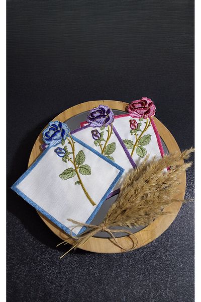 NGR HOME Set of 3 Rose Cut Embroidery Detailed Coffee Side Present Cocktail Servet