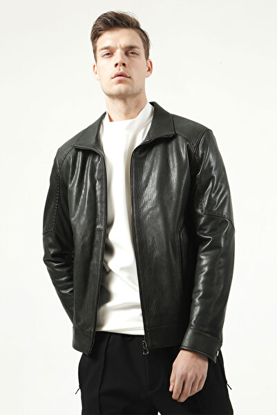 Dericlub Utah Erkek Jumbo Slimfit Hakiki Deri Mont Yeşil