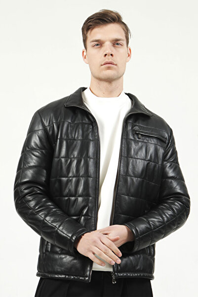 Dericlub E924 Şişme Gerçek Deri Erkek Mont Siyah