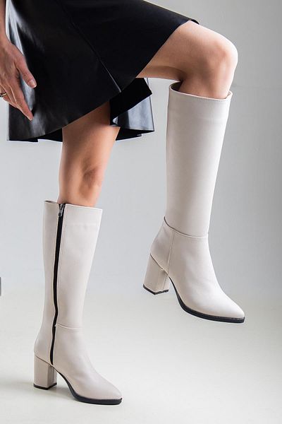 Bak Store Beige Leather Above Knee Zippered 7 CM Heeled Women's Boots