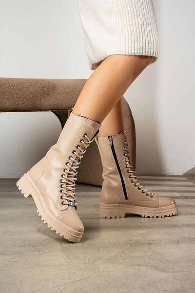 ShoeTek Lirio Γυναικείες Μπότες & Μποτάκια Lace Up Boots Μπεζ γυαλιστερό δέρμα