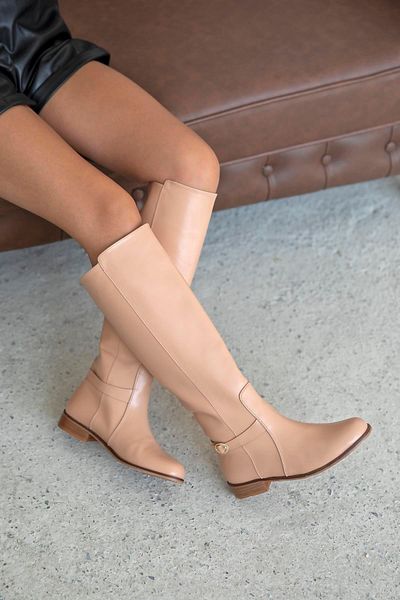 STRASWANS Verona Women's Buckle Detail Rider Leather Boots Tan