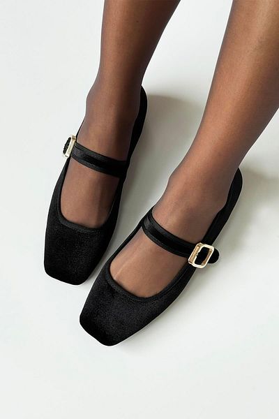 STRASWANS Carlisa Women's - Black Velvet Ballerinas with Belt Detail