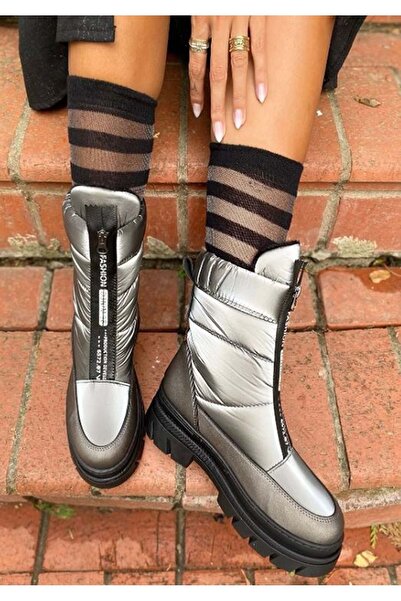 Kids Club Shoes Feles Fermuar Detaylı Paraşüt Kadın Kar Botu Kauçuk Tabanlı Kadın Bot GRİ