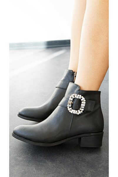 ShoeTek Kasandra Kadın Bot Tokalı Taşlı Siyah Deri