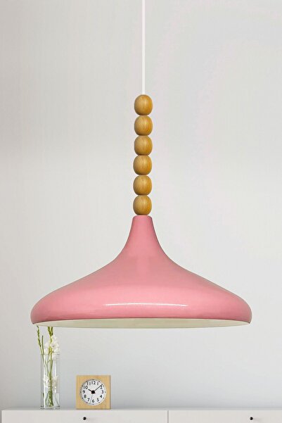Bamyum Pembe Ahşap Altı Boncuklu Tekli Avize Sarkıt Salon Mutfak Butik Lamba