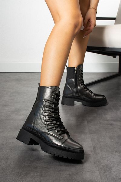ShoeTek Aart Women's Boots Stoned Laced Zippered Boots Platinum Leather