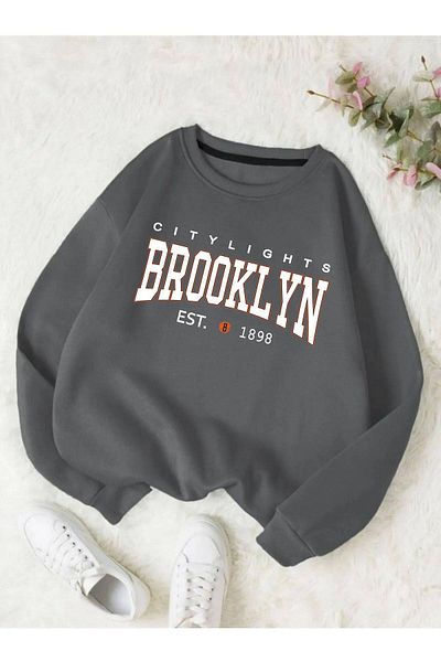 LePold Dívčí/chlapecká mikina se 3 vlákny Crew Neck Dark Grey Brooklyn Printed