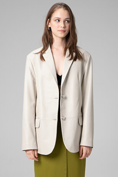 Dericlub Bloom Kadın Oversize Düğmeli Hakiki Deri Blazer Ceket Bej