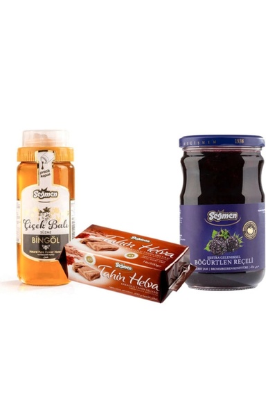Seğmen Süzme Bingöl Çiçek Balı, Böğürtlen Reçeli Ve Kakaolu Tahin Helvası (3'lü)