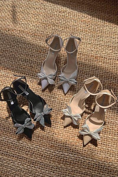 STRASWANS Messina Ankle Tied Stone Detail Women's Heeled Satin Shoes Black