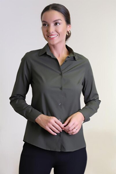 SWEETNESS Women's Khaki Green Lycra Long Sleeve Cotton Classic Shirt
