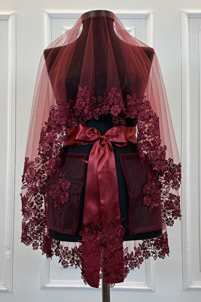 ZEYMERADE Bordo Gelin Duvak Seti, Güpürlü Ve İnci Süslemeli Kına Gecesi Duvağ...