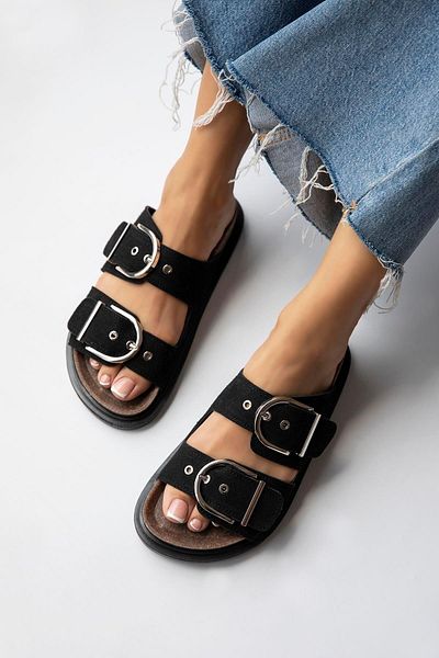STRASWANS Zowie Femei - Papuci din piele intoarsa neagra, cu detaliu catarama, confort zilnic