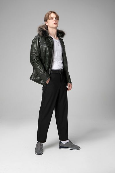 Dericlub E1039 Green Men's Coat - Hooded and Vegetal Genuine Leather