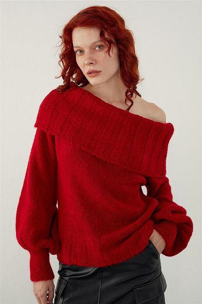 SHERIN Red Madonna Collar Balloon Sleeve Knitwear Sweater