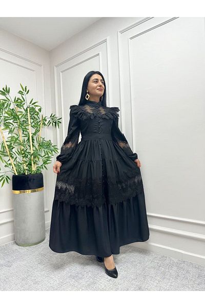 WellWay Jenneyfer Black Crepe Fabric - Danter and Guipure Λεπτομέρεια, Περιλαμβάνεται Ζώνη - NHN02