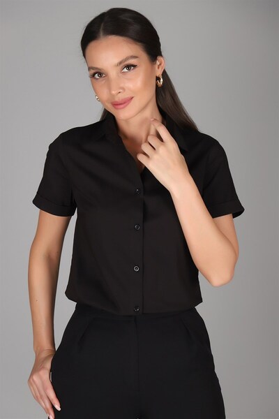 SWEETNESS Cămașă neagră cu mânecă scurtă din bumbac din Lycra