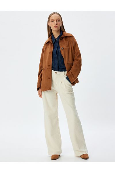 Koton Tweed Trousers Wide Leg High Waist Pleated Buttoned Pocket Detail