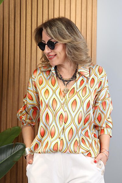 MİSLİNA BUTİK Orange Damla Model Düğmeli Oversize Bej Gömlek