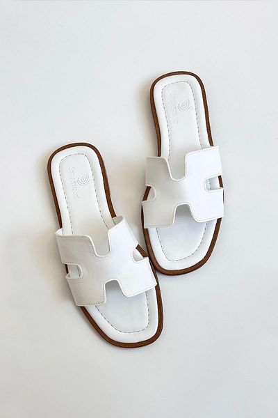 STRASWANS Vex White Single Striped Daily Women's Leather Slippers