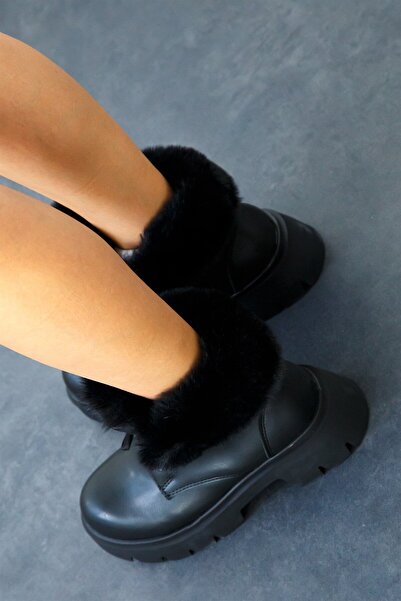 ShoeTek Lulu Kadın Bot Kürklü Siyah Deri