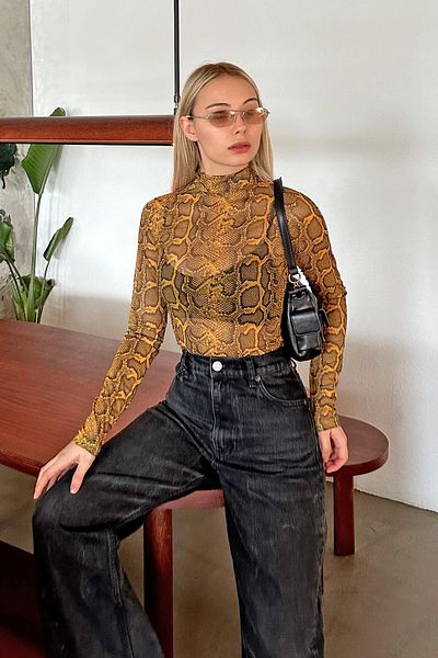 Swist Yellow Snake Pattern Long Sleeve Tulle Transparent Women's Blouse
