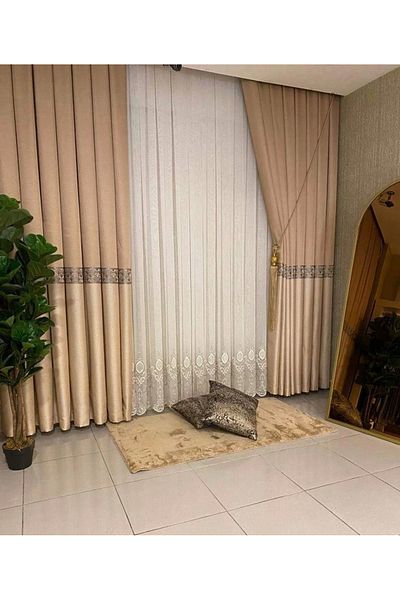 NİVEMESHOME Freesia Fj6331316v-401 - Cream/Gold 1/3 Thick Pleat Background Curtain APM