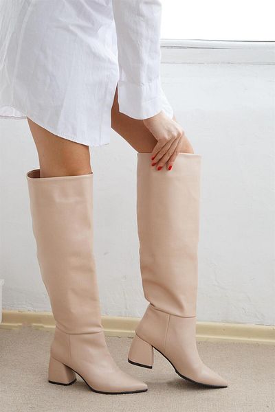 ShoeTek Carina Γυναικείες Μπότες Χοντρό Τακούνι Μπεζ Δερμάτινο