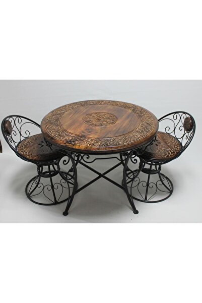 Otantik Çarşı Eskitme Ahşap Ferforje Oymalı Yuvarlak Sehpa Takımı 75 cm.